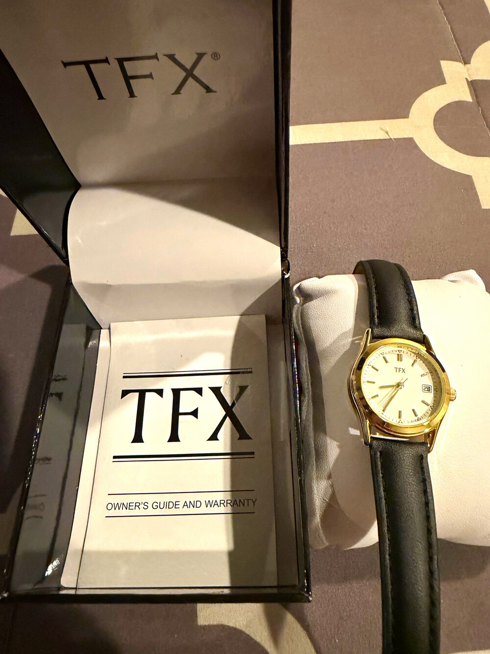 TFX 37M100 Men's Quartz Analog Watch White Dial Gold Case Black Leather Date
